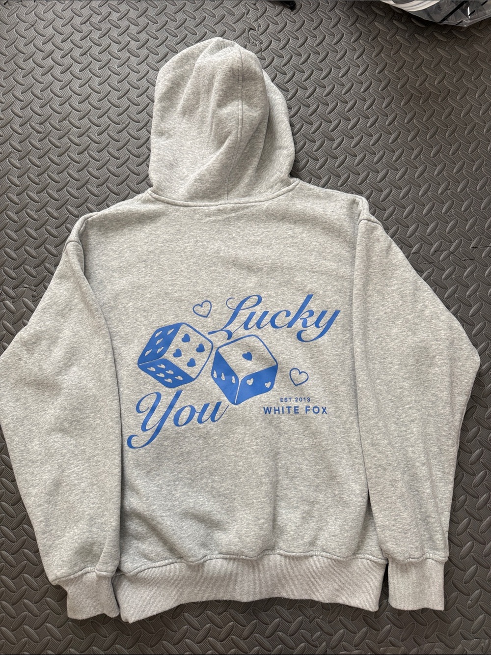 White Fox Boutique Gray Hoodie with Blue Dice 'Lucky You' Graphic Size XS/S